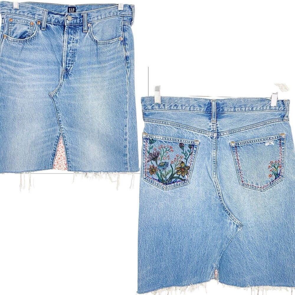 Gap Denim Pencil Skirt 6 BOYFRIEND Jean HANDPAINTED POCKET ooak COTTAGECORE Boho